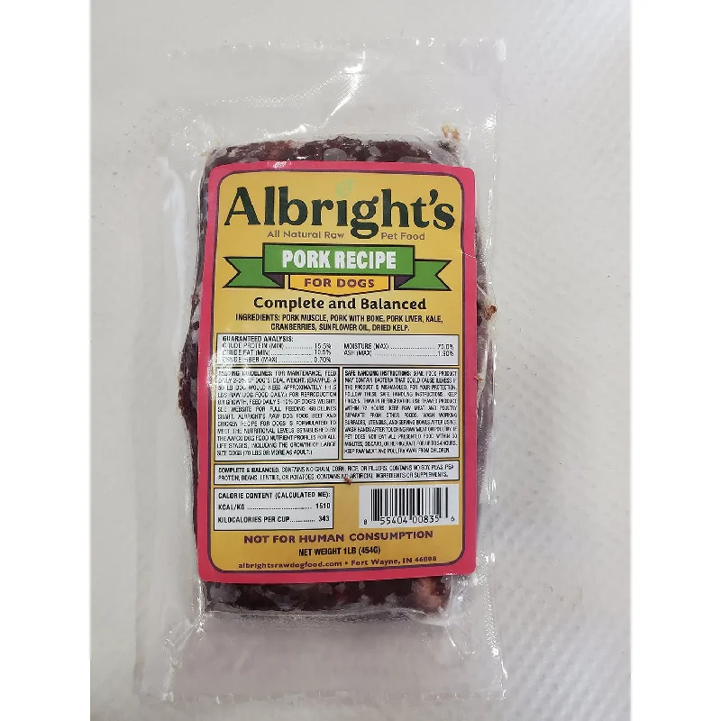 Albrights Pork Formula Raw Frozen Complete Diet Dog Food, 1lb 30ct/30lb Case