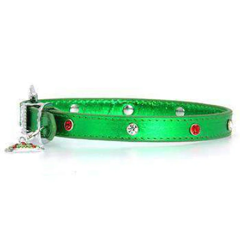 Foxy Metallic Green Christmas Collar w/Christmas Tree Charm by Cha-Cha Couture